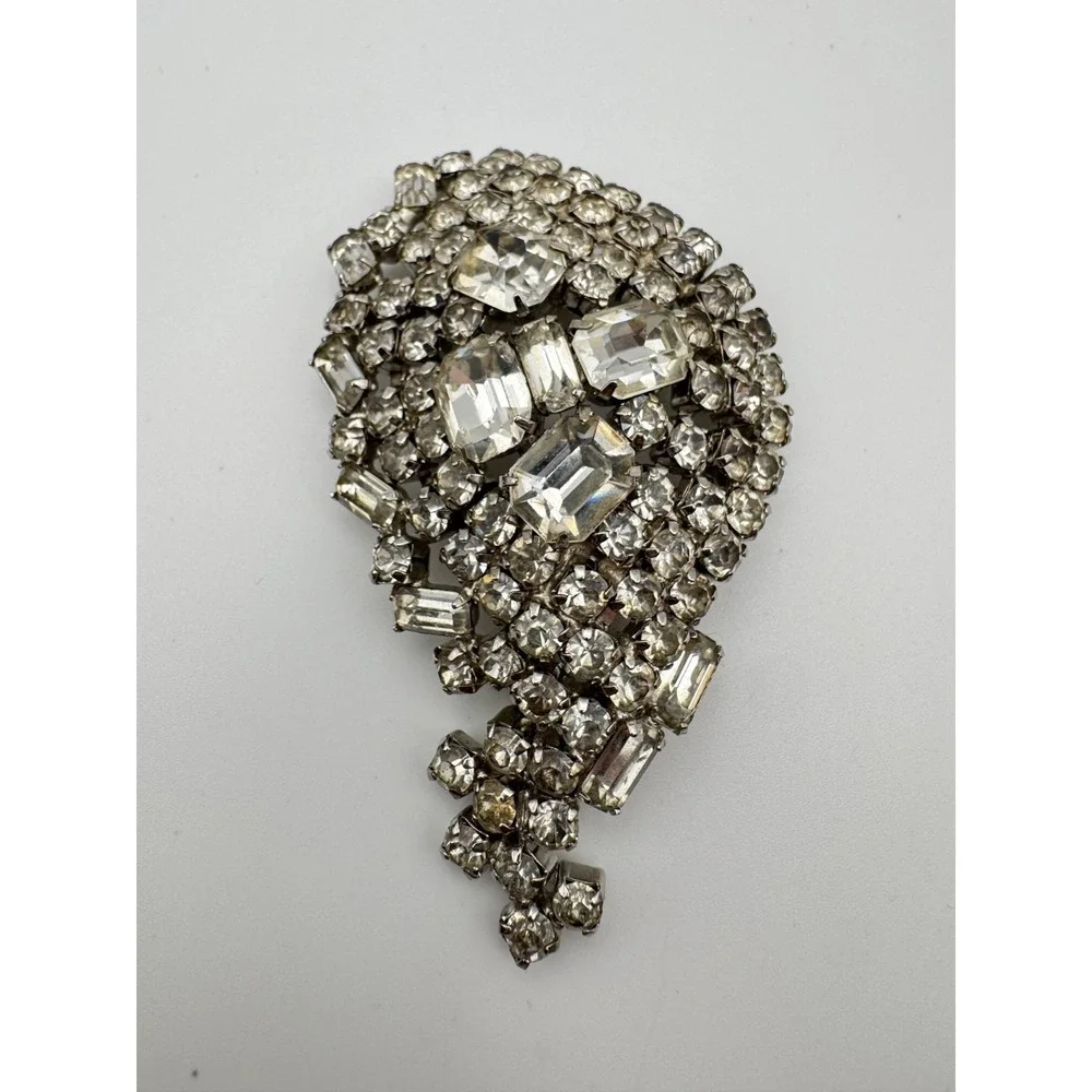 Vintage Rhinestone Brooch Clear Sparkly Baguette Pin
